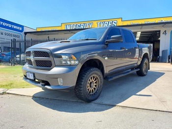  Grey RAM 1500 lifted 4x4 with chunky all-terrain tyres